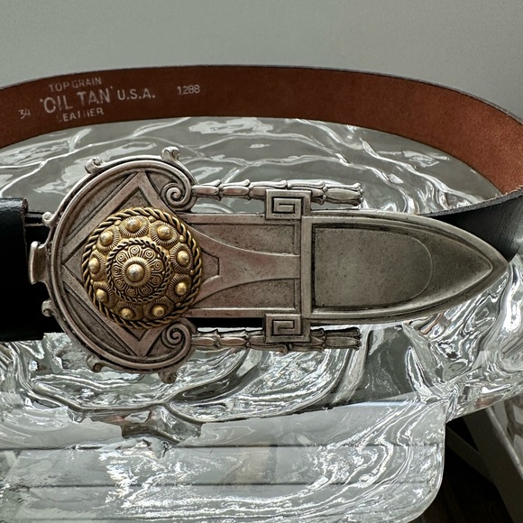 Black Leather Belt size 34 with signature silver/gold removable buckle - Picture 2 of 6